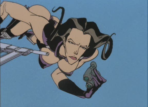 Illustration de Aeon Flux, une assassine de dessin animé, dénudée, représentée en bikini avec un fusil