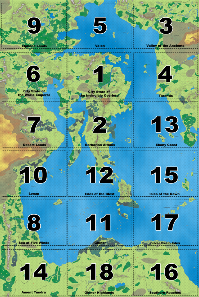 carte géographique représentant vue de haut, divisée en 18 cases