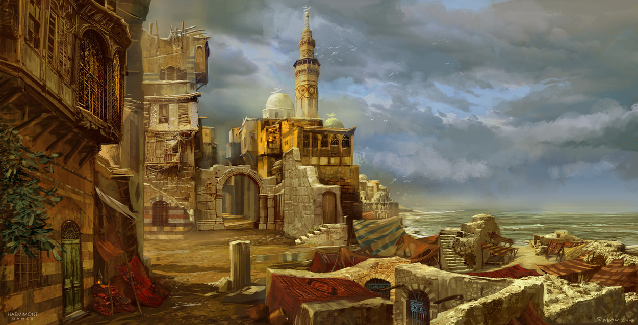 Illustration représentant les rues de la Cité de Viridistan. Le sol semble être du sable, les rues sont délimitées par des murets de pierre, et tous les bâtiments sont en pierres et en bois, avec des toits ronds comme des minarets.