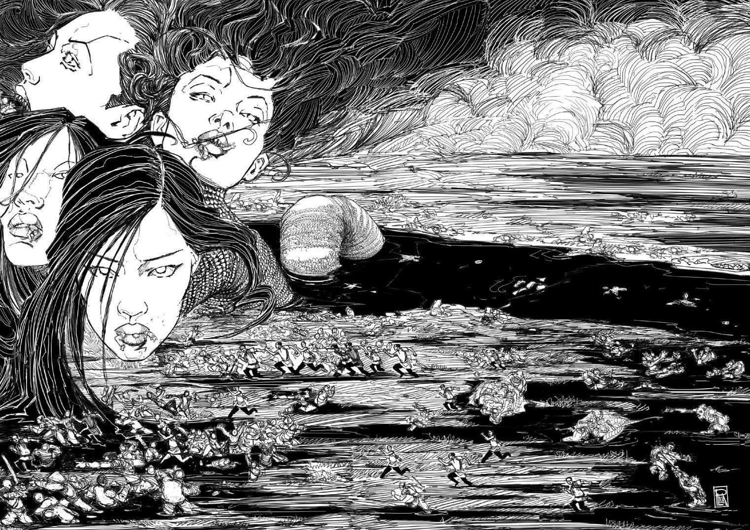 Illustration provenant de Quelong; têtes de jeunes filles sortant de l'eau