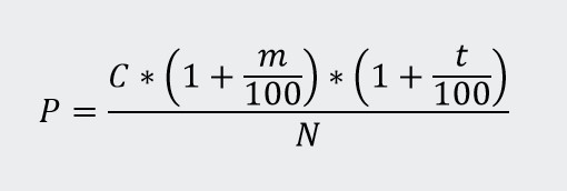 P=[C*(1+m/100)*(1+t/100)]/100