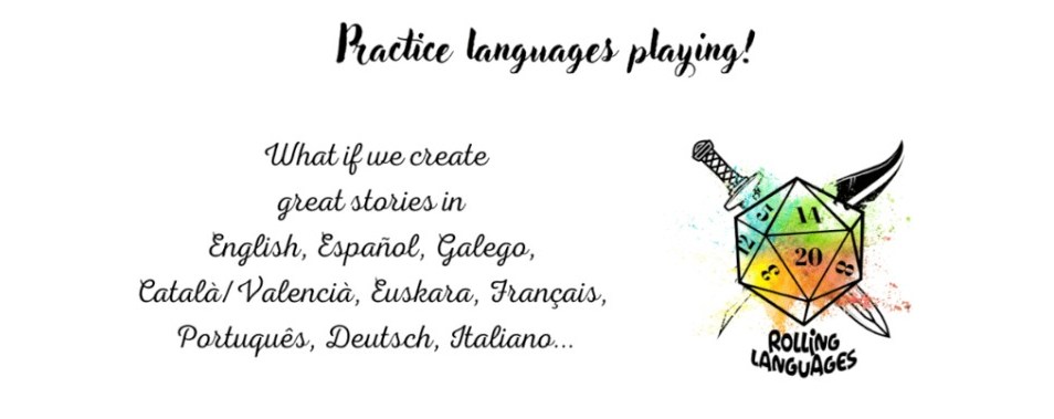 Bannière de rolling languages : "Practice Languages playing" + logo à base de d20