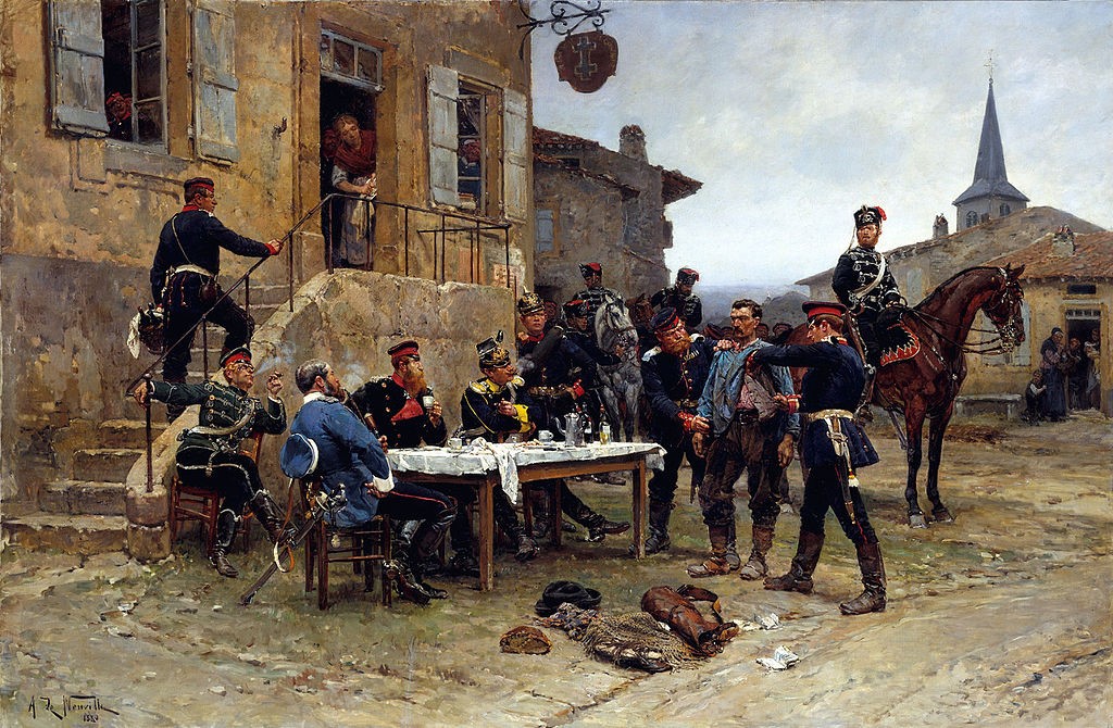 village vers 1880 ; arrestation et fouille par des militaires