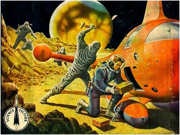rétrofuturisme : Touaregs de la Lune attaquant cosmonaute