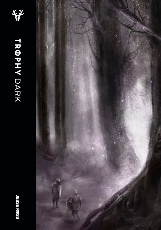 couv de ce Trophy Dark : vue en plongée sur deux guerriers semblant minuscules au milieu d'arbres géants