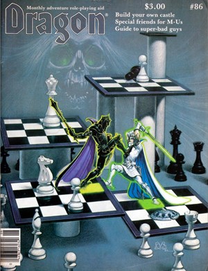 Couv. magazine dragon n°86 : échiquier en 3D avec duel de chevaliers