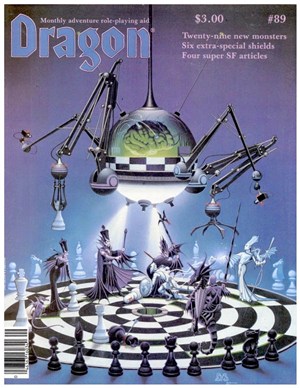 Couv magazine Dragon n°89 : cerveau dans machine volante joue aux échecs circulaires