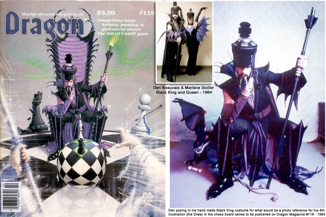 couverture Dragon n°118 (1984) : Roi d'échecs sur trône ; et la photo du modèle qui pose