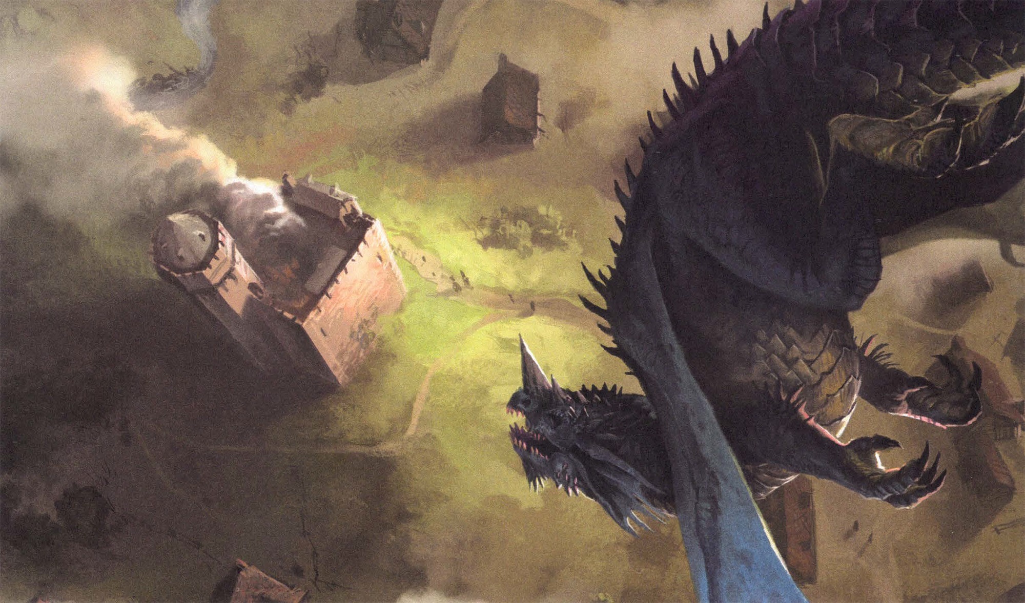 Dragon plongeant sur une forteresse 