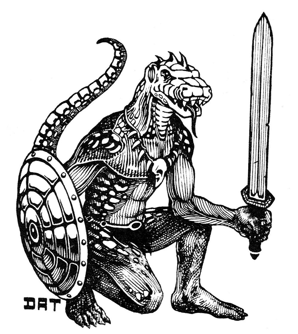 Dessin en noir et blanc représentant un homme-lézard, un être humanoide reptilien, armé d'une épée et d'un bouclier