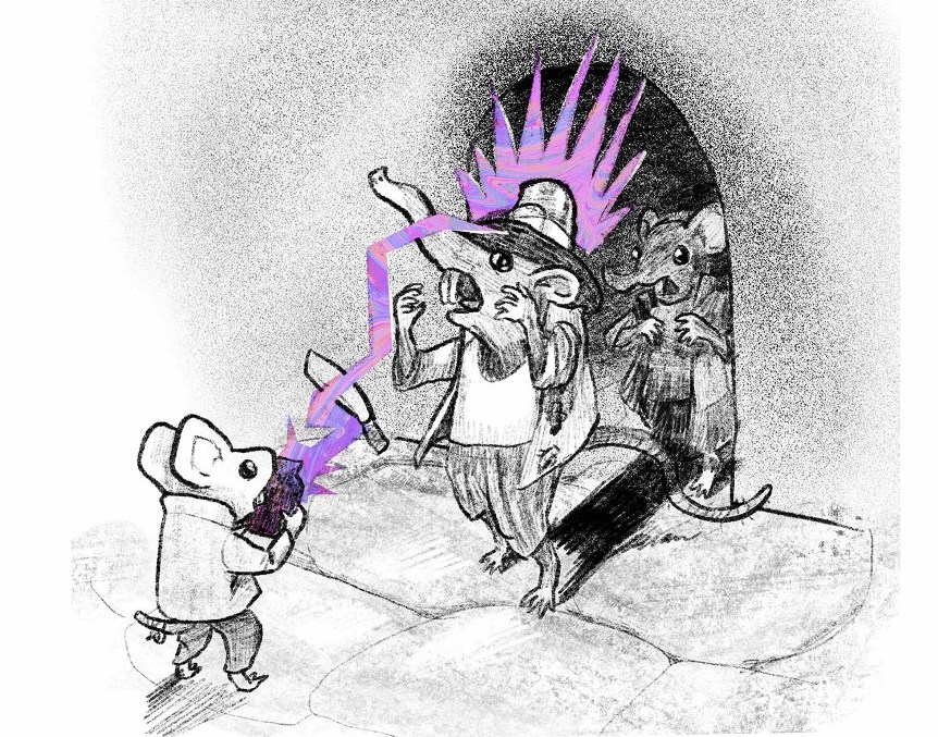 une souris zappe un tapir(?) avec un sort de grimoire