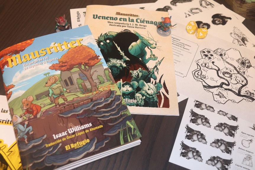 Livret de Mausrutter, livret du scénario, plan avec hexagone, figurine, silhouettes en papier à monter