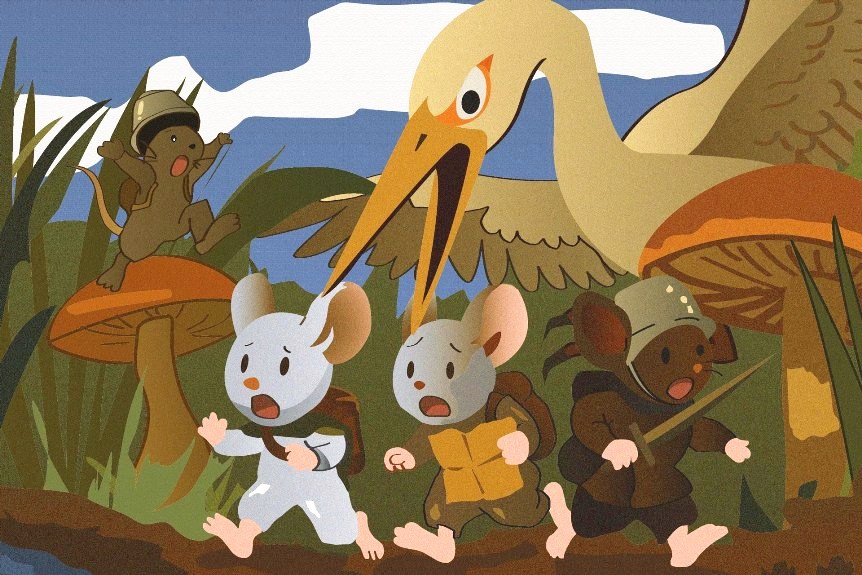 Les souris fuient devant le héron