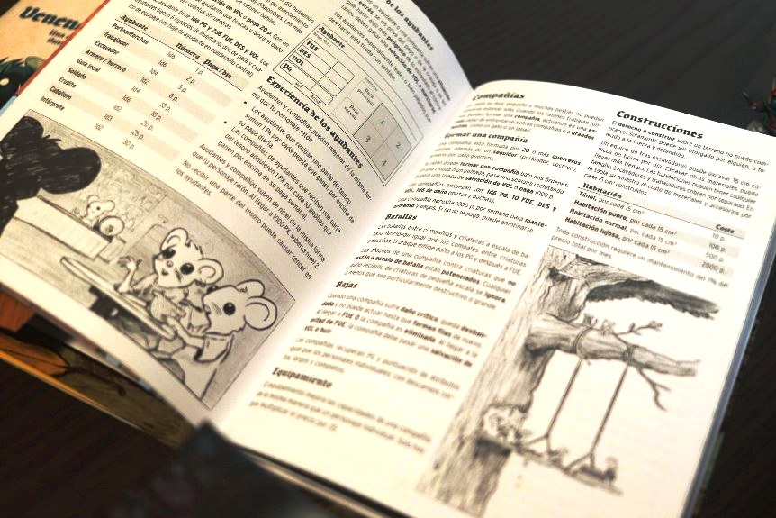 Mise en page de Mausritter : deux colonnes, illustrations noir et blanc