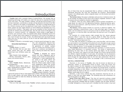 Démonstration de la mise en page de Traveller : tout en noir en blanc, deux colonnes, écrit petit, sans images...