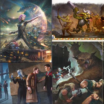 En haut à gauche, des super-héros à tenue moulante combattent avec des champs de force au milieu d'une pluie de météorites. En haut à droite, des gobelins se lancent à l'attaque. En bas à droite, un hibou géant à griffes combat des persos qui l'attaquent avec des lances d'où s'échappent des éclairs. Et en bas à gauche, trois personnages, dont l'une a la peau bleue, discutent tout en se cachant d'une patrouille, sur fond de mégalopole.