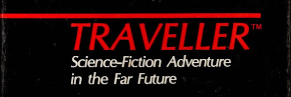 Logo de Traveller. TRAVELLER en grandes lettres rouges et sous-titre "Aventures de Science-Fiction dans le futur lointain" en blanc