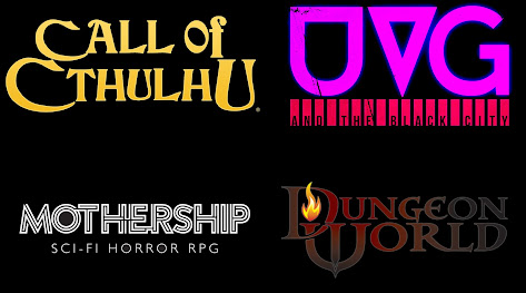 Couvertures/logo titres de jeu sur fond noir, en police élaborée et imagée (donnant une police graphisée, comme les groupes de heavy metal). En haut à gauche, celle de l'AdC. En haut à droite, celle de "UVG and the Black City". En bas à droite, celle de Dungeon World. En bas à gauche, celle de Mothership.