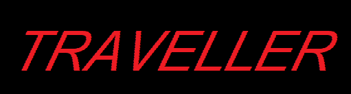 Reconstruction du logo de Traveller, en majuscules rouges sur fond noir, mais encore plus en italique.