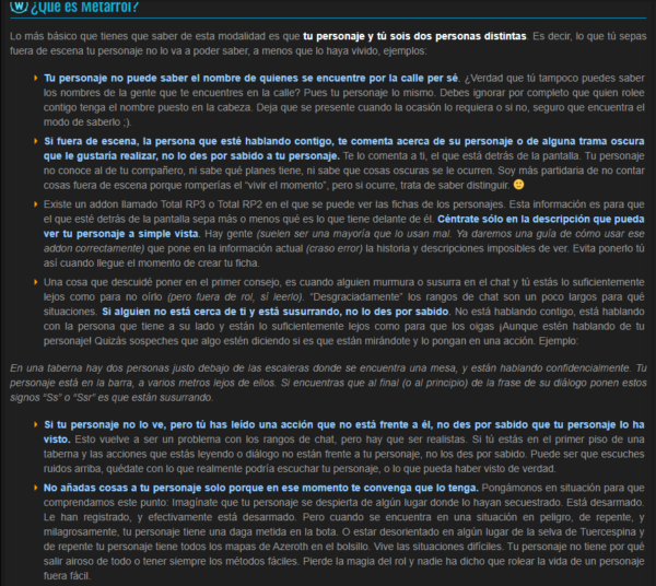 Capture d'écran d'un long billet sur ce qu'il ne faut pas faire pour ne pas faire du métajeu. Le fond est noir, le texte en gras est bleu électrique et ouais, c'est très kitch.