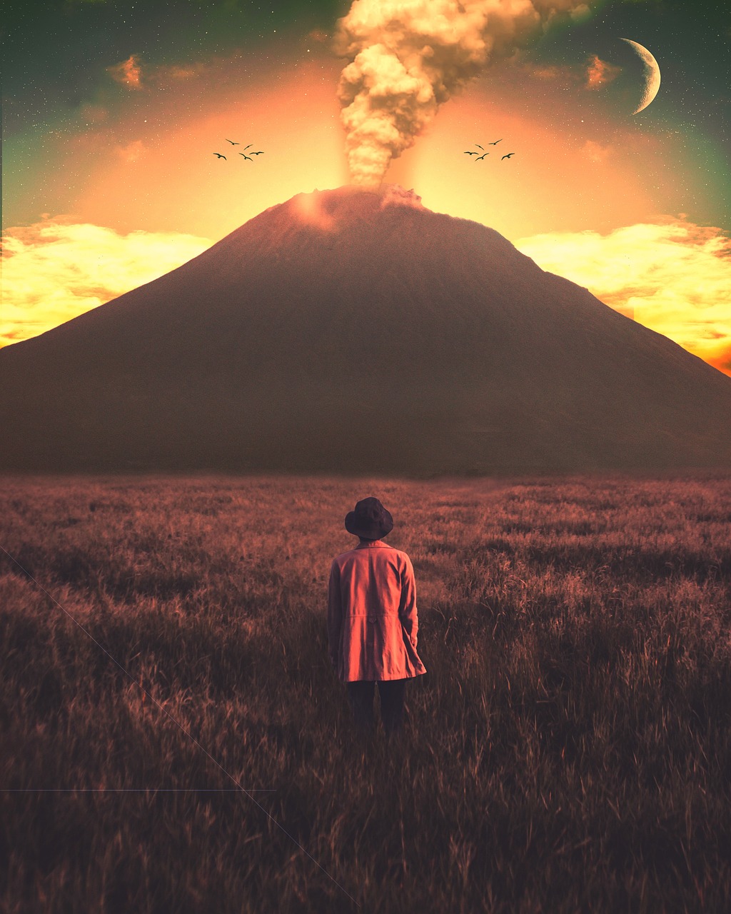 Un homme de dos regardant une éruption volcanique