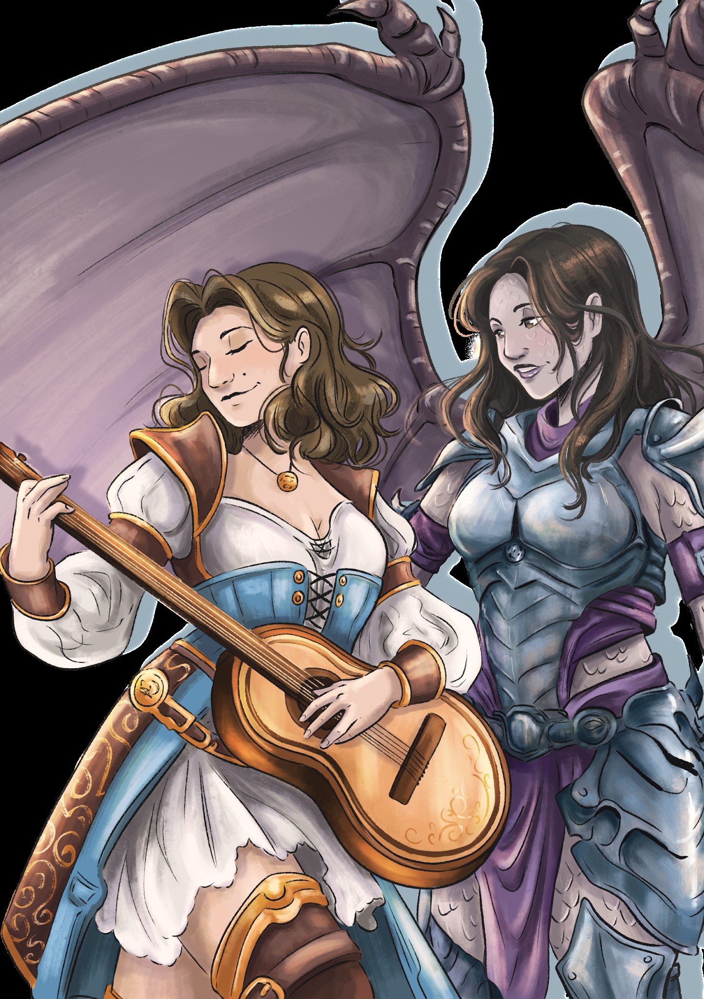 Illustration du couple : Zupe en troubadoure, Jes en guerrière-dragonoïde avec ailes