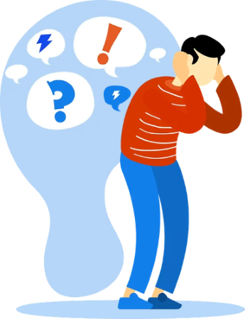 un homme avec plusieurs phylactères représentant ses pensées, une avec "!", une avec "?", une avec un éclair bleu, et l'autre avec cet éclair en négatif