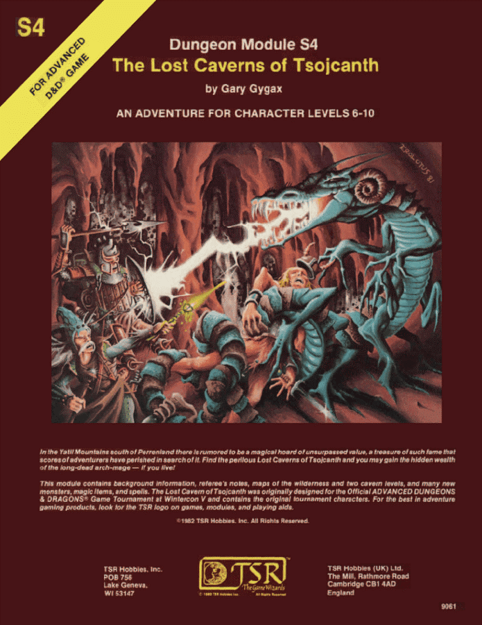 Couverture du module "Les Cavernes perdues de Tsojcanth". L'illustrations représente un groupe d'aventuriers combattant un lézard géant crachant des éclairs, dans une caverne