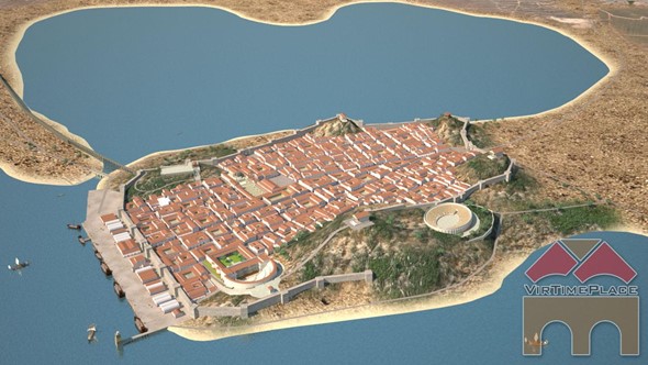 Rendu 3D représentant la ville antique de Carthago Nova