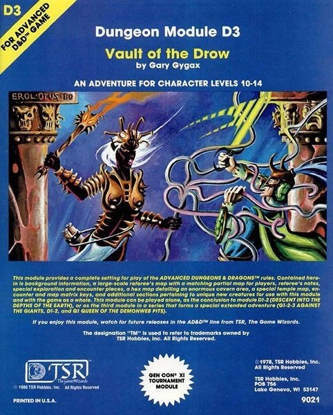 Couverture du module de D&D Vault of the Drow. Sur l'illustration, une matriarche drow combat un aventurier à l'aide d'un sceptre projetant des tentacules