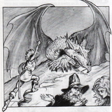 Une guerrière charge un dragon tranquille pendant que les autres PJ haussent les épaules avec résignation