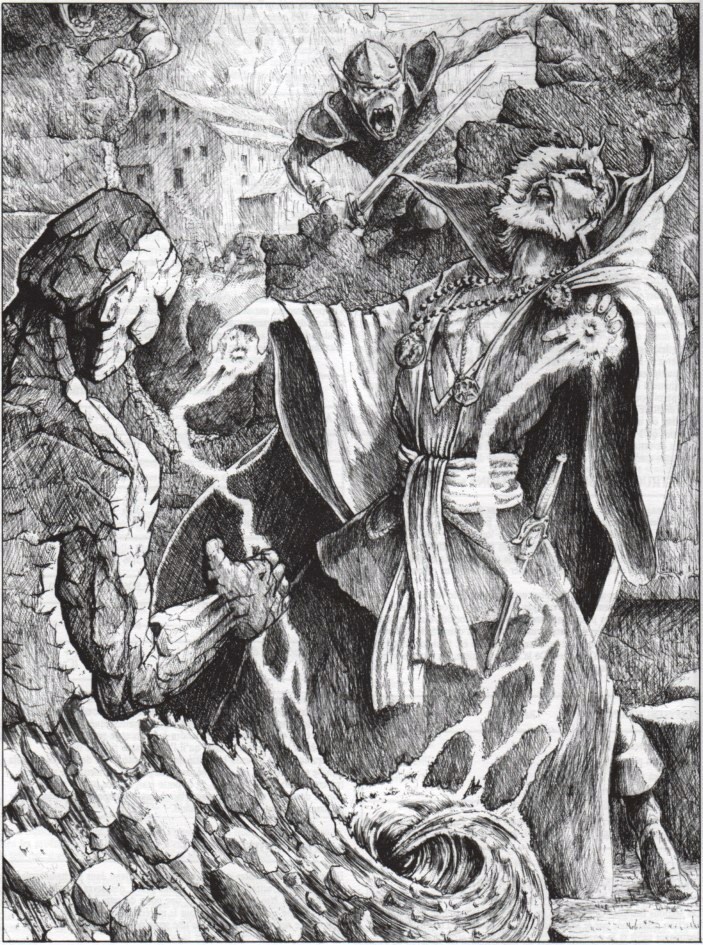 Un sorcier invoque un golem de terre de façon épique, pendant qu'un gobelin gravit le mur derrière lui pour tenter de l'en empêcher