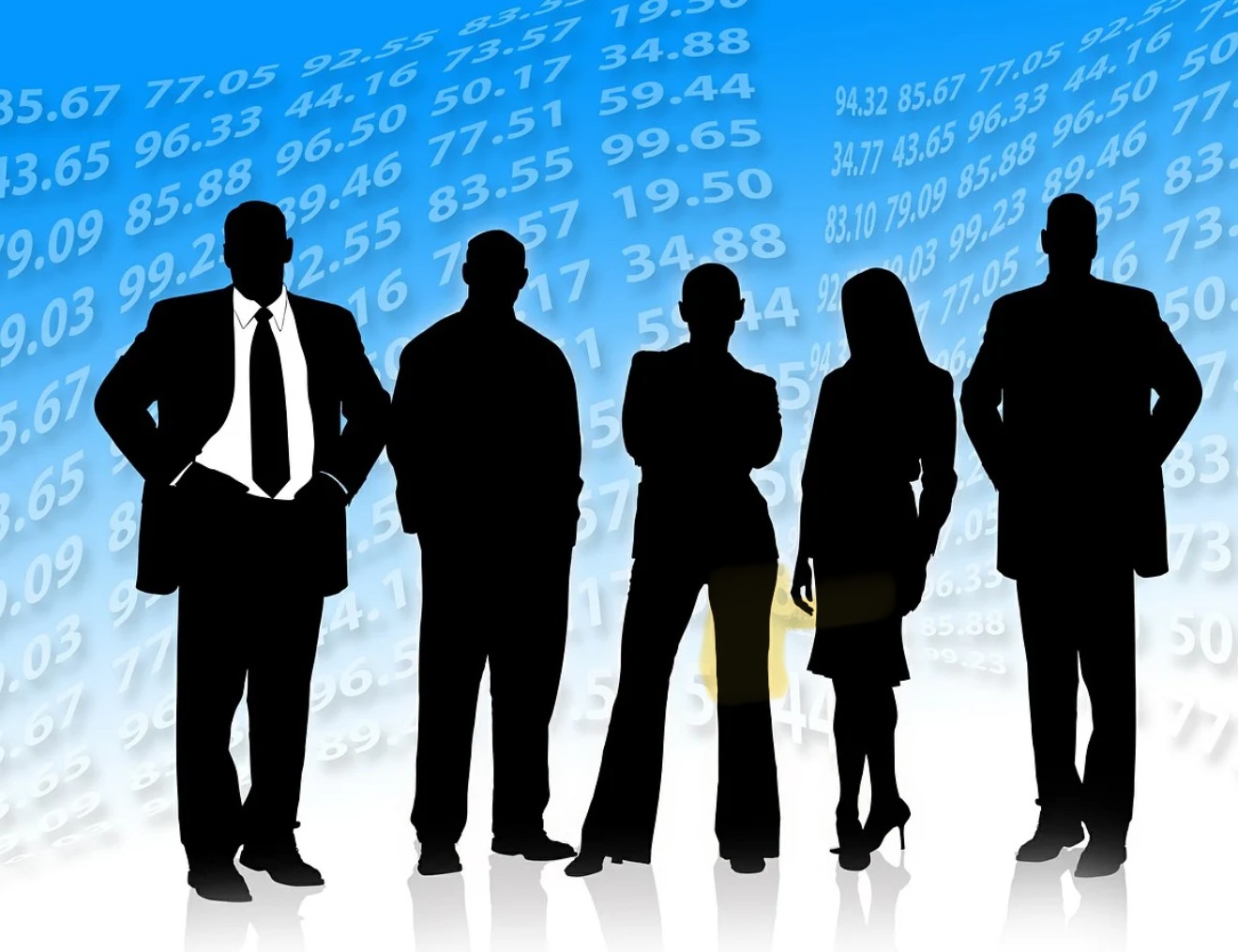 silhouettes de salarié-es en costume et tailleur devant des chiffres