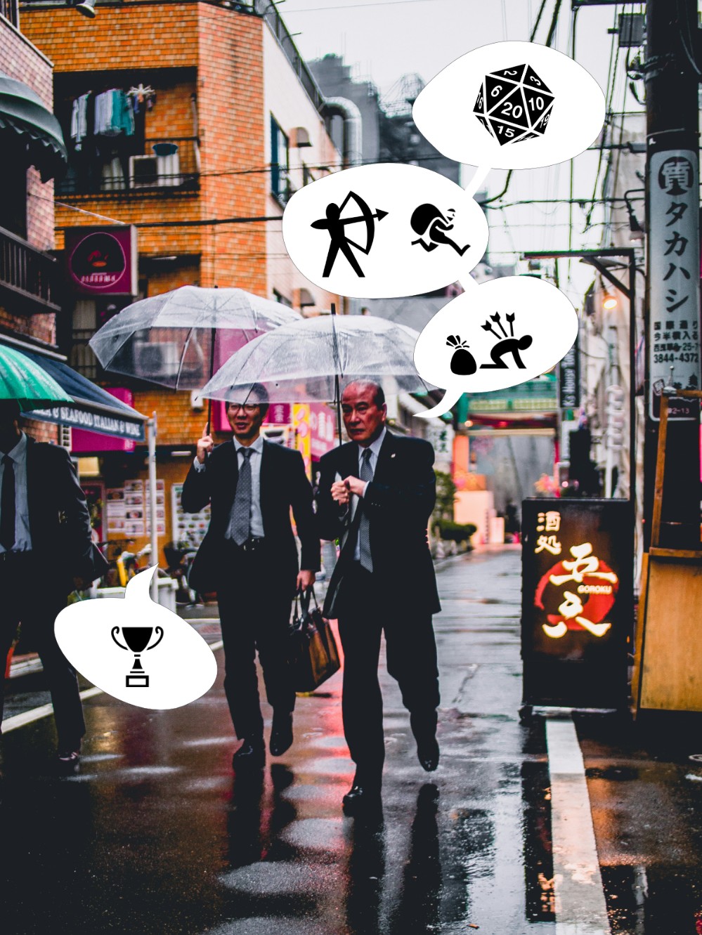 Businessmen marchant dans la rue au Japon et discutant de dés et de PJ