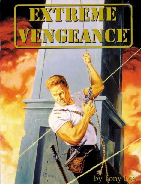 Couverture de Extreme Vengeance : gars musclé, armé d'un pistolet et d'une épée; suspendu à une corde le long monument