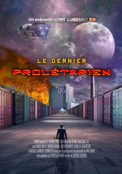 Couverture du supplément. Un homme seul, faucile et marteau en main, dans une allée de containers menant à un immeuble de bureaux avec le logo TA.