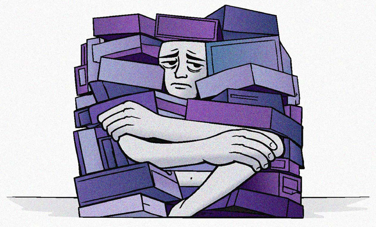 Dessin d'une personne enfermée par des piles de boites d'archives
