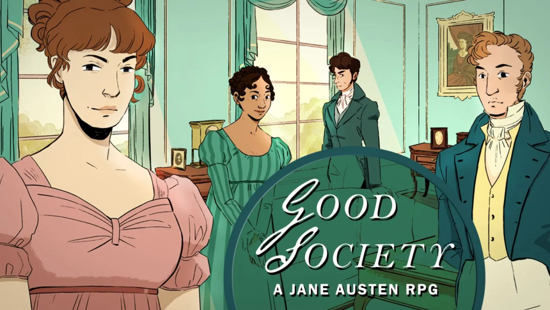 2 jeunes femmes et 2 jeunes hommes, habillé-es à la mode de l'aristocratie georgienne, sont dessiné-es debout dans un salon.