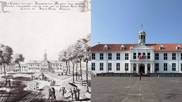 Deux images représentant le même batiment, actuellement le musée d'histoire de Djakarta. L'une est une gravure du 18ème siècle, l'autre une photographie récente
