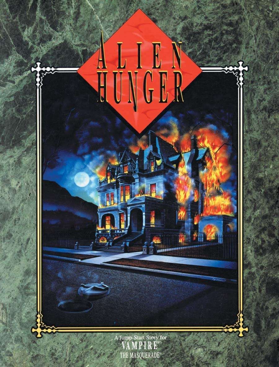 Couverture du supplément de Vampire la Mascarade, Alien Hunger. L'illustration représente un beau manoir victorien qui brûle, illuminant la nuit.